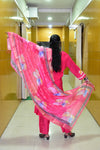 Rani Pink Muslin Embroidered Straight Suit Set with Printed Dupatta