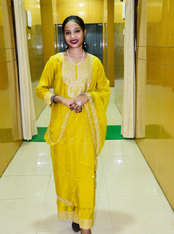 Sunlit Yellow Muslin Embroidered Suit Set with Sheer Dupatta