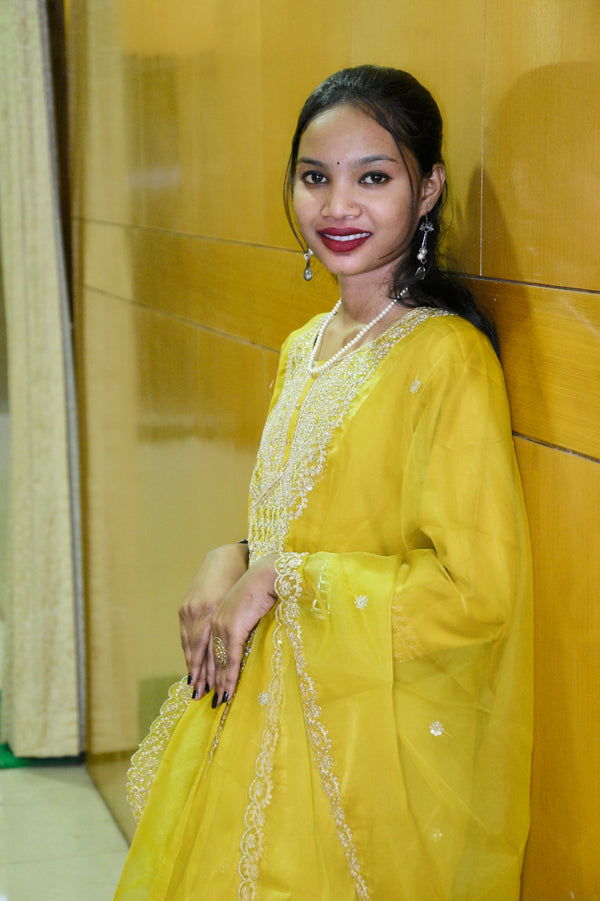 Sunlit Yellow Muslin Embroidered Suit Set with Sheer Dupatta