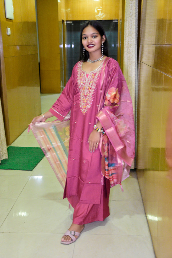 Wine Pink Muslin Embroidered Straight Suit Set with Floral Printed Dupatta