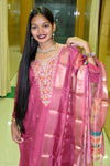 Wine Pink Muslin Embroidered Straight Suit Set with Floral Printed Dupatta