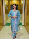 Teal Bloom Muslin Embroidered Suit Set with Pastel Floral Dupatta