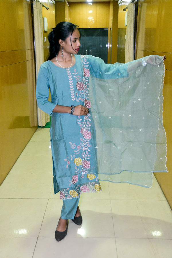 Teal Bloom Muslin Embroidered Suit Set with Pastel Floral Dupatta