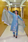 Teal Bloom Muslin Embroidered Suit Set with Pastel Floral Dupatta