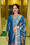 Teal Blue Muslin Embroidered Straight Suit Set with Floral Printed Dupatta