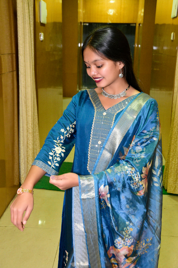 Teal Blue Muslin Embroidered Straight Suit Set with Floral Printed Dupatta