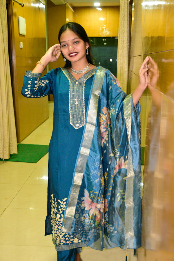 Teal Blue Muslin Embroidered Straight Suit Set with Floral Printed Dupatta