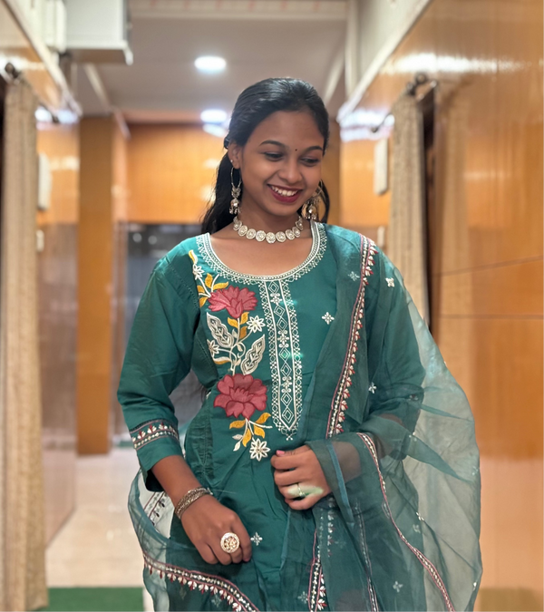 Sea Green Muslin Embroidered Straight Suit Set with Organza-Style Dupatta