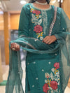 Sea Green Muslin Embroidered Straight Suit Set with Organza-Style Dupatta