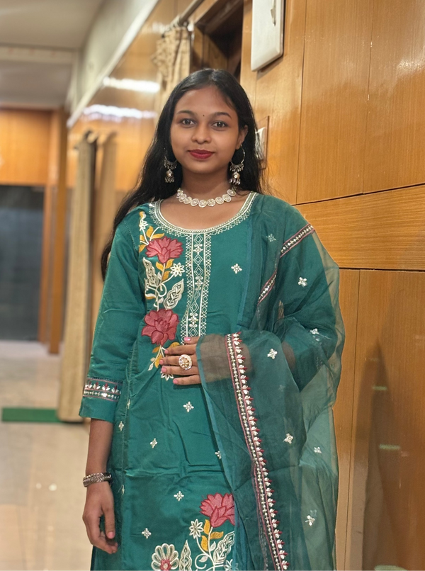 Sea Green Muslin Embroidered Straight Suit Set with Organza-Style Dupatta