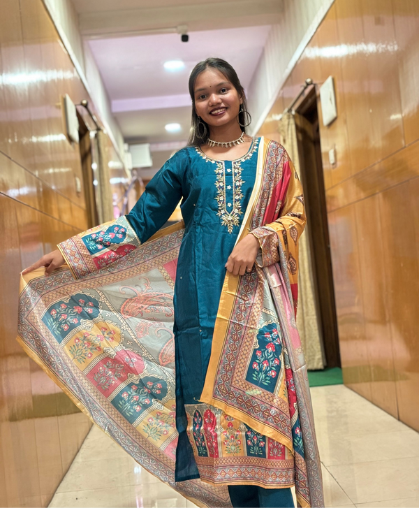 Teal Blue Roman Silk Embroidered Suit Set with Multicolour Printed Dupatta