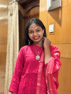 Hot Pink Banarasi-Weave Muslin Straight Kurta Set with Dupatta