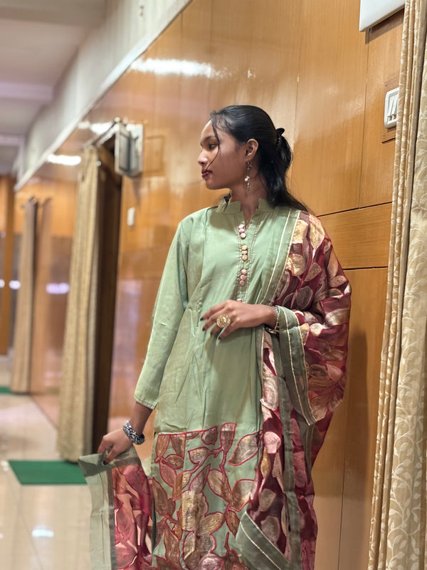 Olive Bloom Mul Chanderi Suit Set with Artistic Floral Patchwork & Printed Dupatta