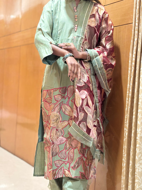 Olive Bloom Mul Chanderi Suit Set with Artistic Floral Patchwork & Printed Dupatta