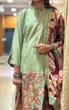 Olive Bloom Mul Chanderi Suit Set with Artistic Floral Patchwork & Printed Dupatta