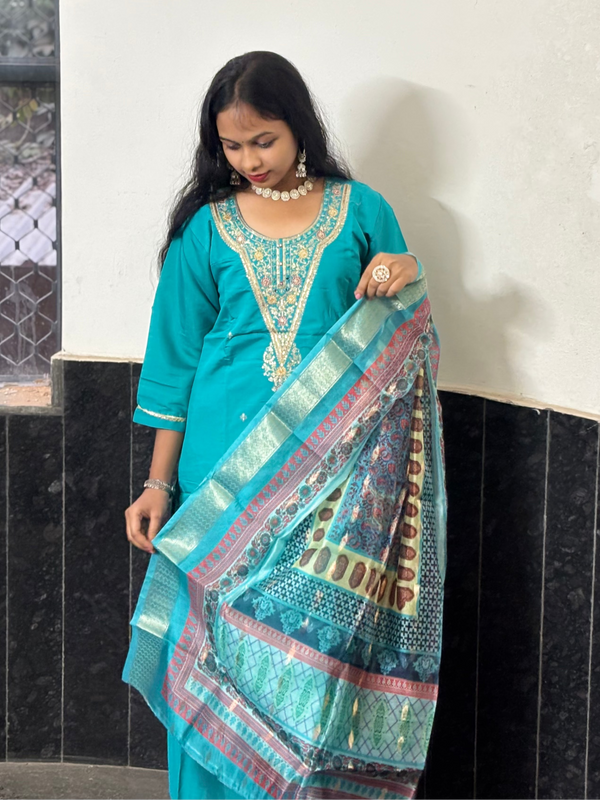 Turquoise Blue Muslin Embroidered Straight Suit Set with Printed Dupatta