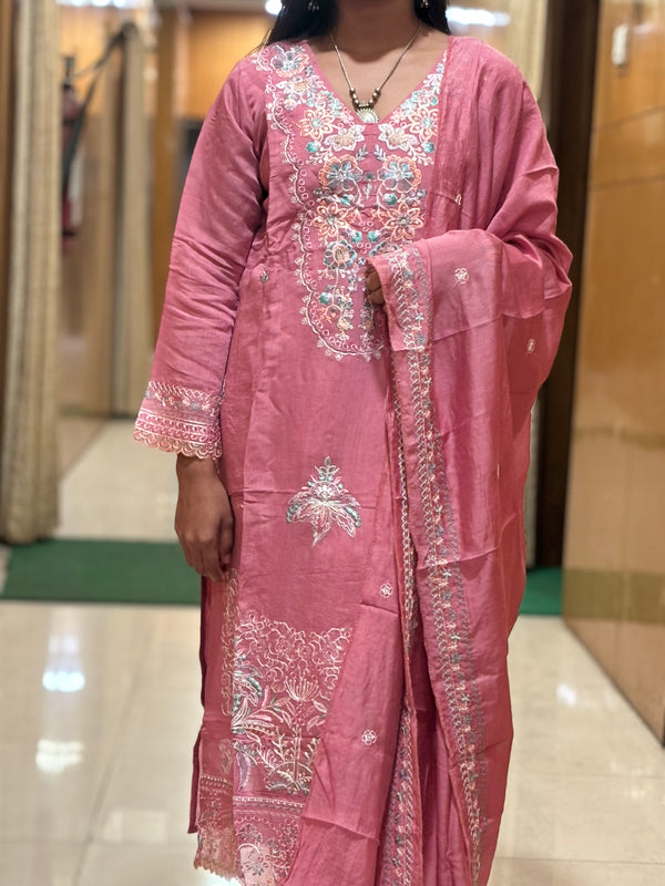 Blush Pink Mul Chanderi Embroidered Suit Set with Matching Dupatta