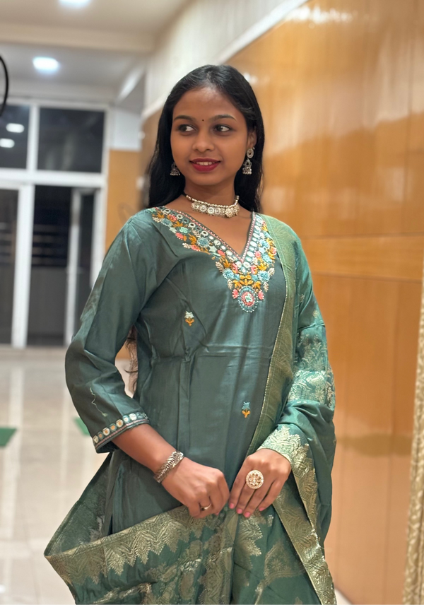 Teal Green Vatican Embroidered Straight Suit Set with Woven Banarasi-Style Dupatta