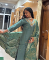 Teal Green Vatican Embroidered Straight Suit Set with Woven Banarasi-Style Dupatta