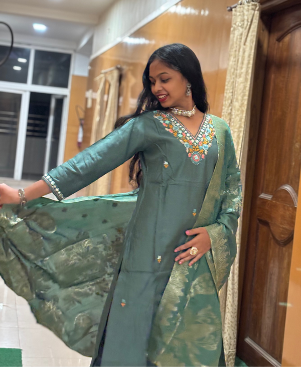 Teal Green Vatican Embroidered Straight Suit Set with Woven Banarasi-Style Dupatta