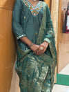 Teal Green Vatican Embroidered Straight Suit Set with Woven Banarasi-Style Dupatta