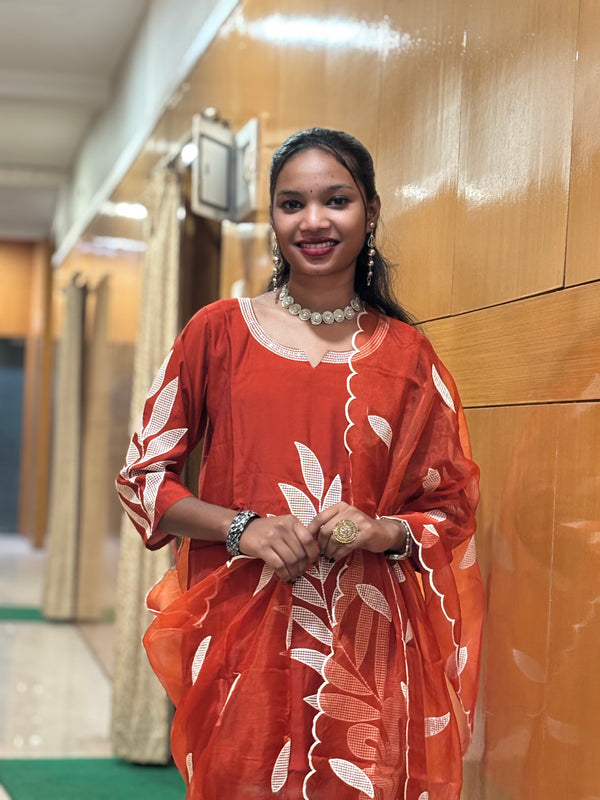 Rust Orange Muslin Embroidered Straight Suit Set with Dupatta
