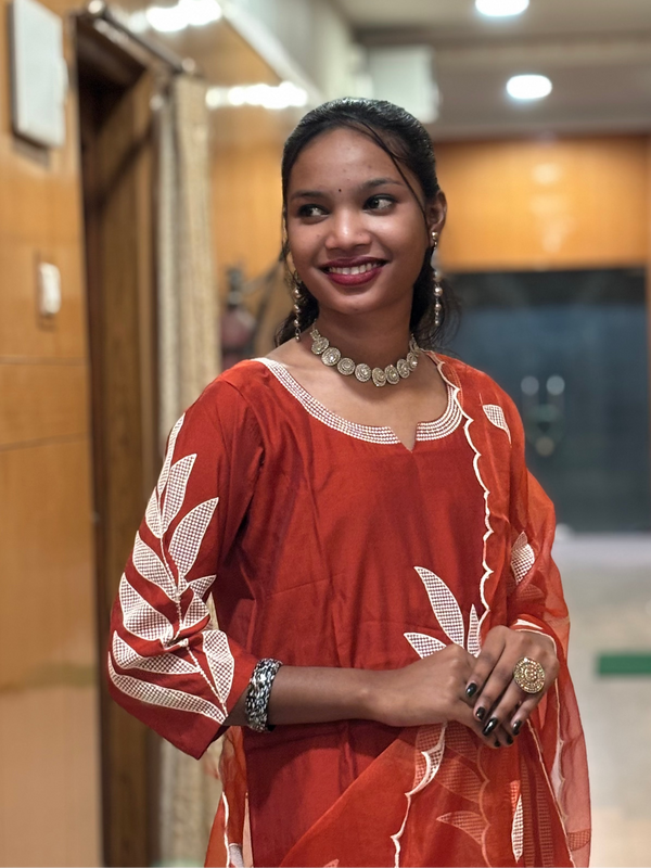 Rust Orange Muslin Embroidered Straight Suit Set with Dupatta