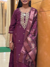 Royal Plum Muslin Embroidered Suit Set with Floral Printed Dupatta