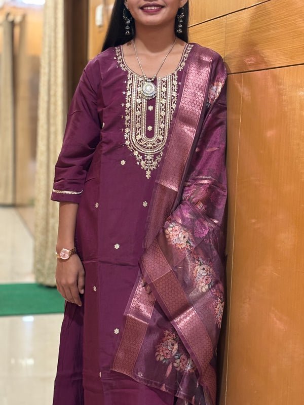 Royal Plum Muslin Embroidered Suit Set with Floral Printed Dupatta