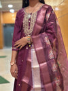 Royal Plum Muslin Embroidered Suit Set with Floral Printed Dupatta