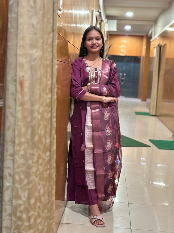 Royal Plum Muslin Embroidered Suit Set with Floral Printed Dupatta