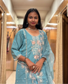 Aqua Blue Roman Embroidered Straight Suit Set with Sheer Floral Dupatta