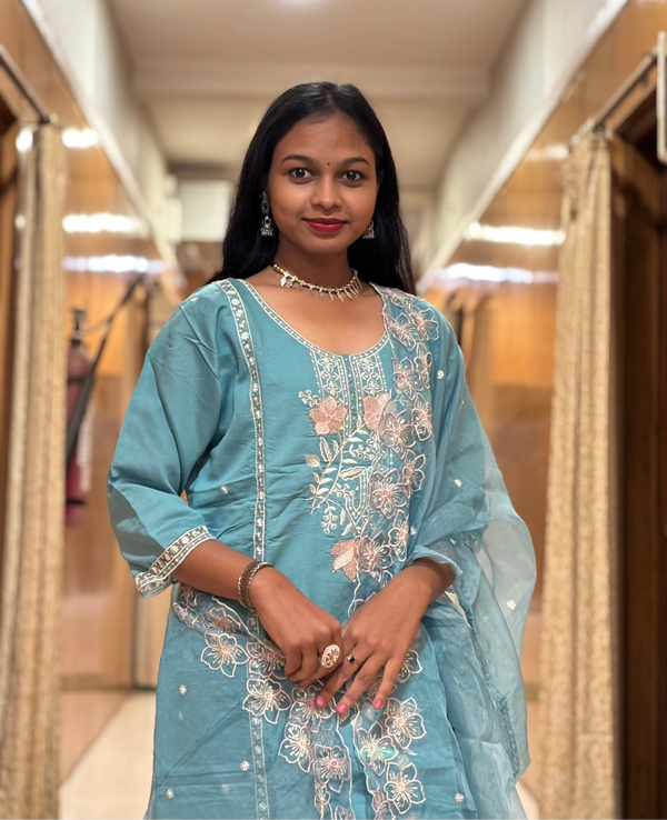 Aqua Blue Roman Embroidered Straight Suit Set with Sheer Floral Dupatta