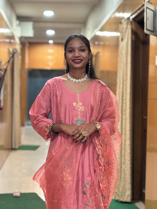 Blush Pink Muslin Embroidered Suit Set with Sheer Handwork Dupatta