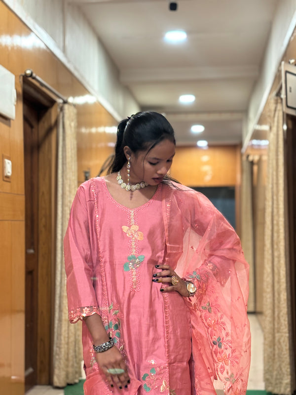 Blush Pink Muslin Embroidered Suit Set with Sheer Handwork Dupatta