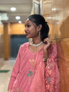 Blush Pink Muslin Embroidered Suit Set with Sheer Handwork Dupatta