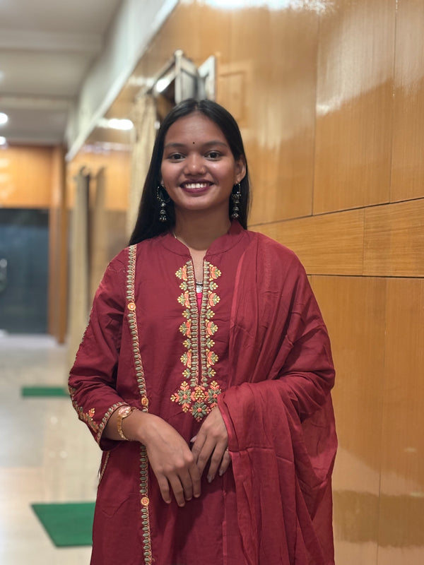 Deep Maroon Cotton Embroidered Kurta Set with Matching Dupatta