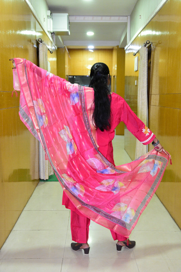 Rani Pink Muslin Embroidered Straight Suit Set with Printed Dupatta