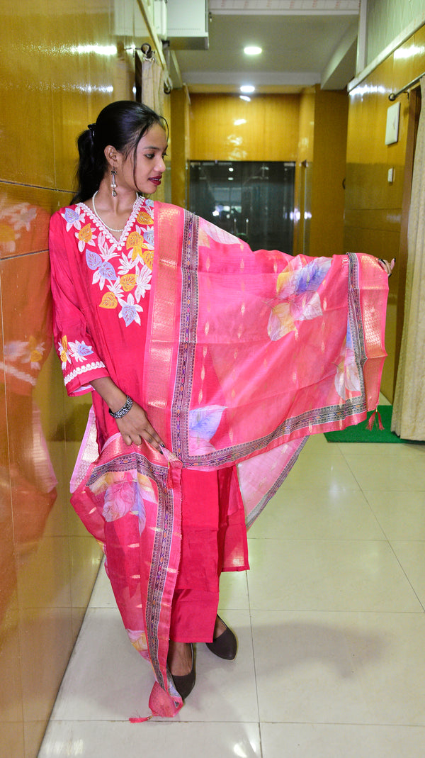 Rani Pink Muslin Embroidered Straight Suit Set with Printed Dupatta