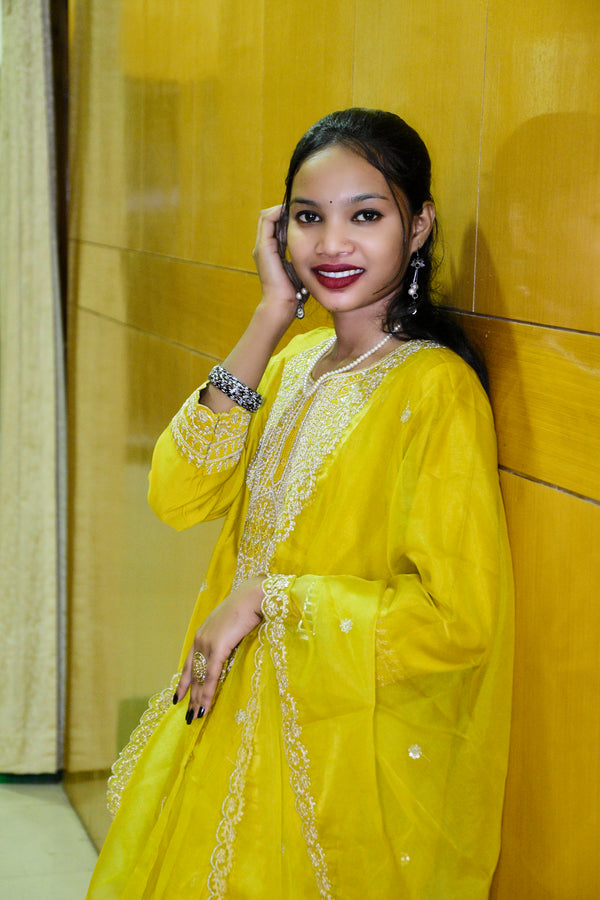 Sunlit Yellow Muslin Embroidered Suit Set with Sheer Dupatta