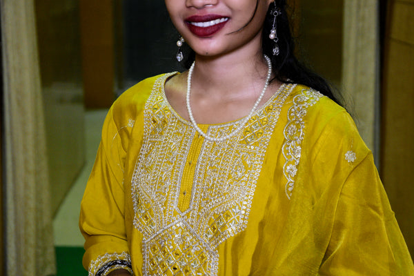Sunlit Yellow Muslin Embroidered Suit Set with Sheer Dupatta
