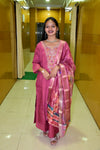 Wine Pink Muslin Embroidered Straight Suit Set with Floral Printed Dupatta