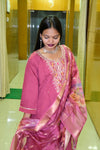 Wine Pink Muslin Embroidered Straight Suit Set with Floral Printed Dupatta
