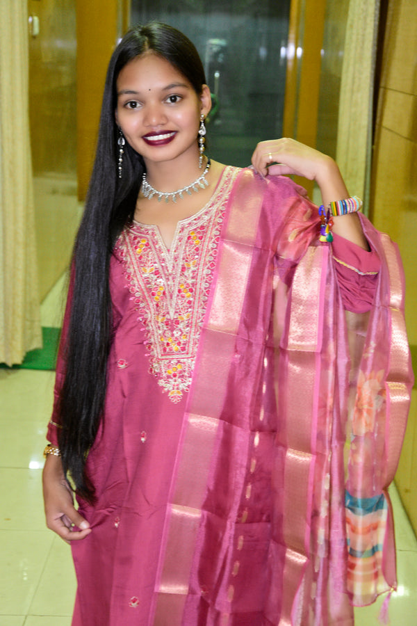 Wine Pink Muslin Embroidered Straight Suit Set with Floral Printed Dupatta