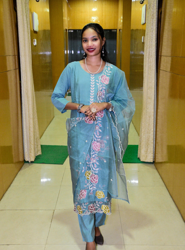 Teal Bloom Muslin Embroidered Suit Set with Pastel Floral Dupatta