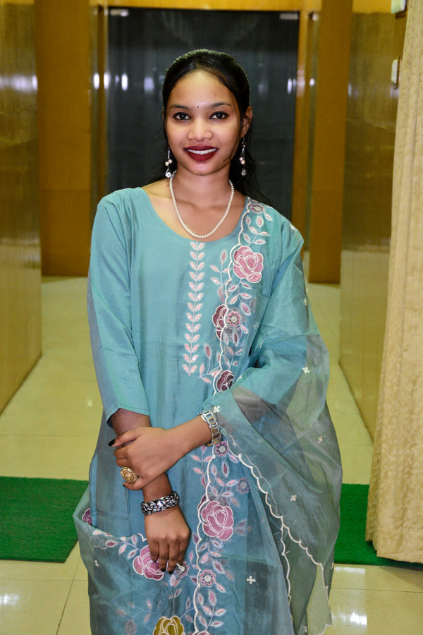 Teal Bloom Muslin Embroidered Suit Set with Pastel Floral Dupatta