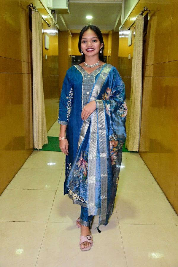 Teal Blue Muslin Embroidered Straight Suit Set with Floral Printed Dupatta