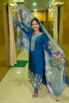 Teal Blue Muslin Embroidered Straight Suit Set with Floral Printed Dupatta