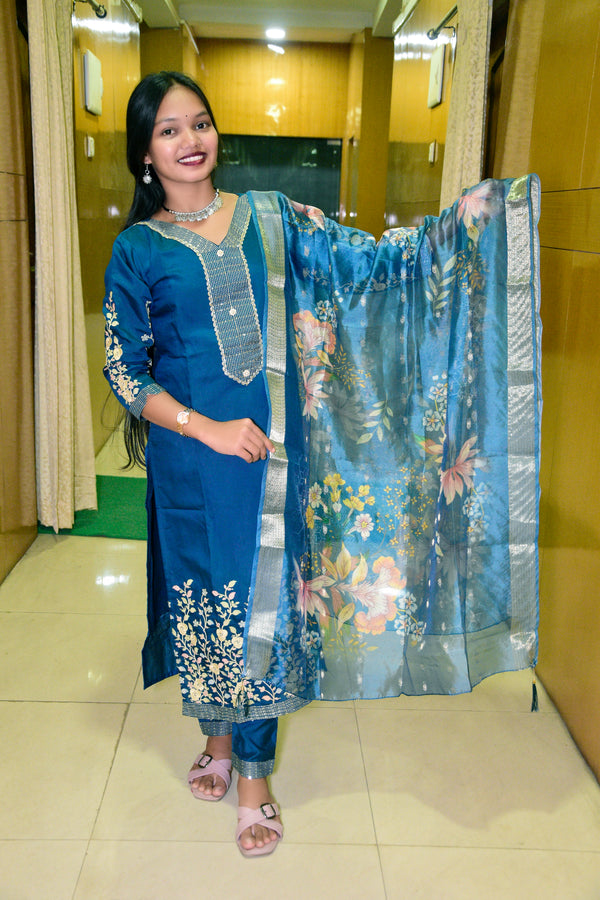 Teal Blue Muslin Embroidered Straight Suit Set with Floral Printed Dupatta