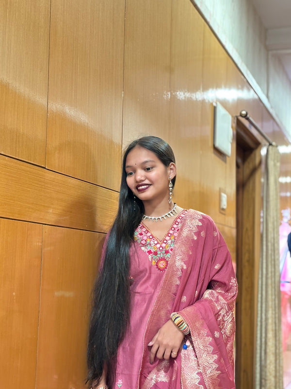Rose Plum Embroidered Vatican Suit Set with Zari-Weave Dupatta